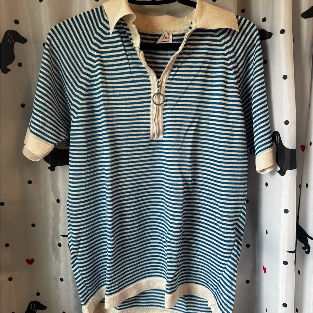 Striped Blue & White Knit Polo Shirt with Zip Collar
